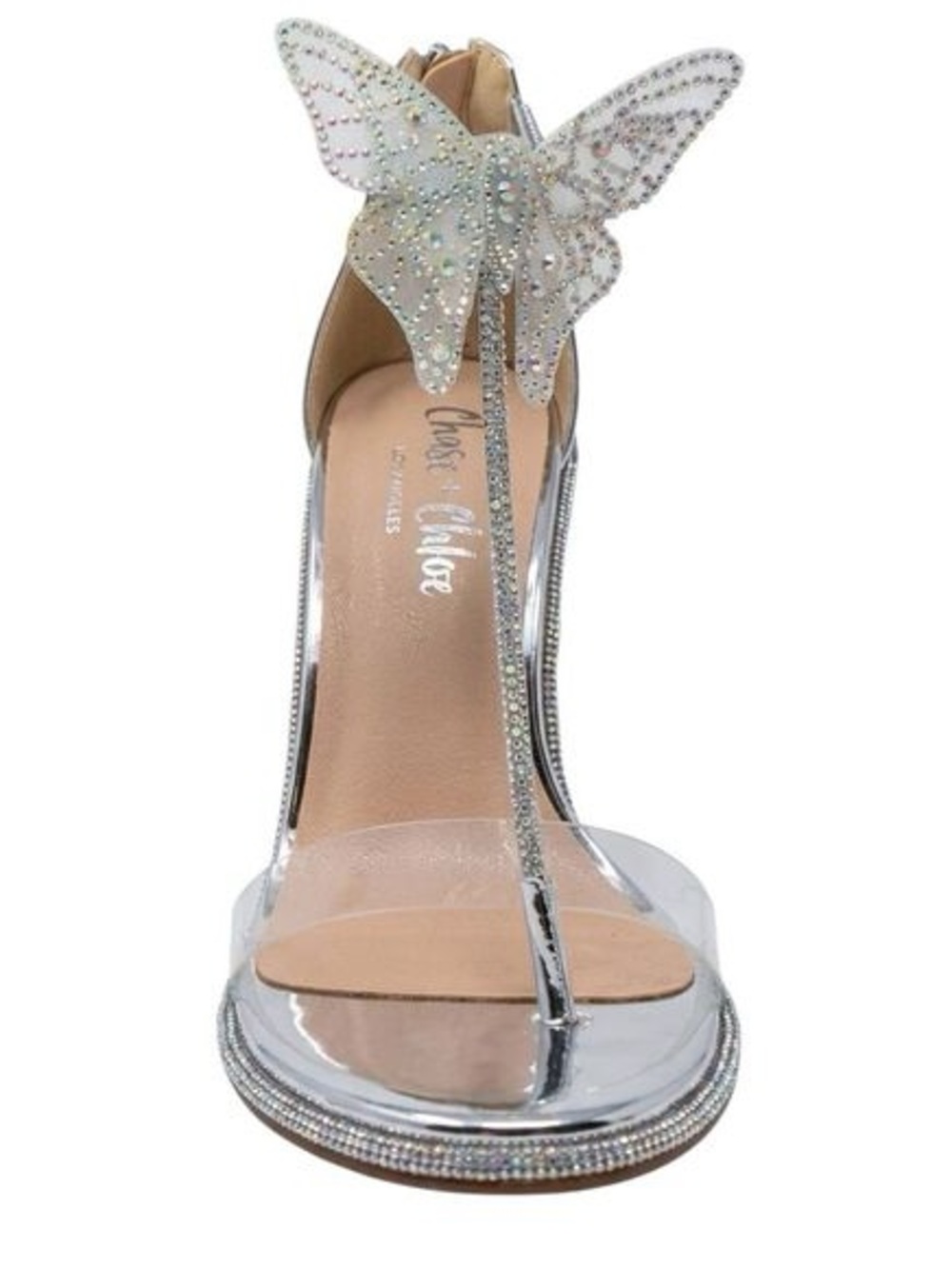 Chase + Chloe Clear and Silver Butterfly T-Strap Heels